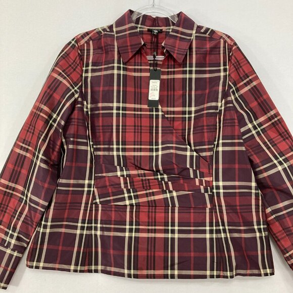 New Talbots size 16 Burgundy Plaid Faux Wrap Pure Silk Taffeta Office Blouse - Picture 1 of 12